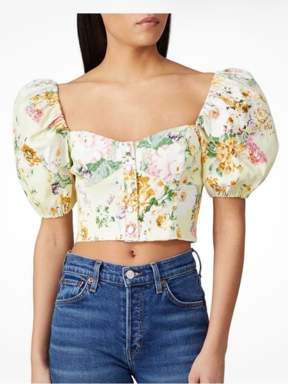 For Love & Lemons Pastel Yellow Floral Puff-Sleeve Crop Top